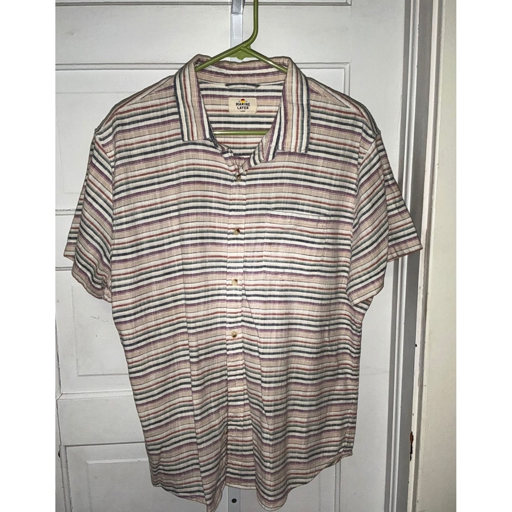 Marine Layer Mens Large Short Sleeve Button Down Shirt Stripe Cotton Blend